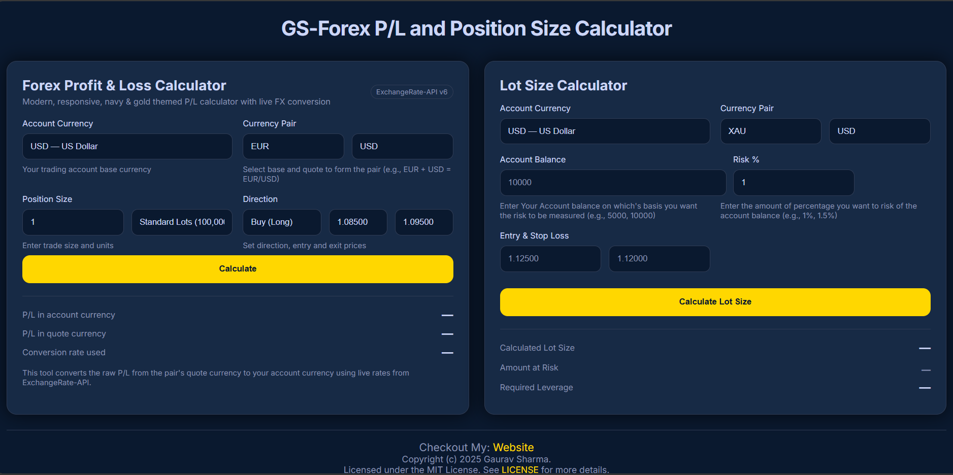 Forex Calculator Interface